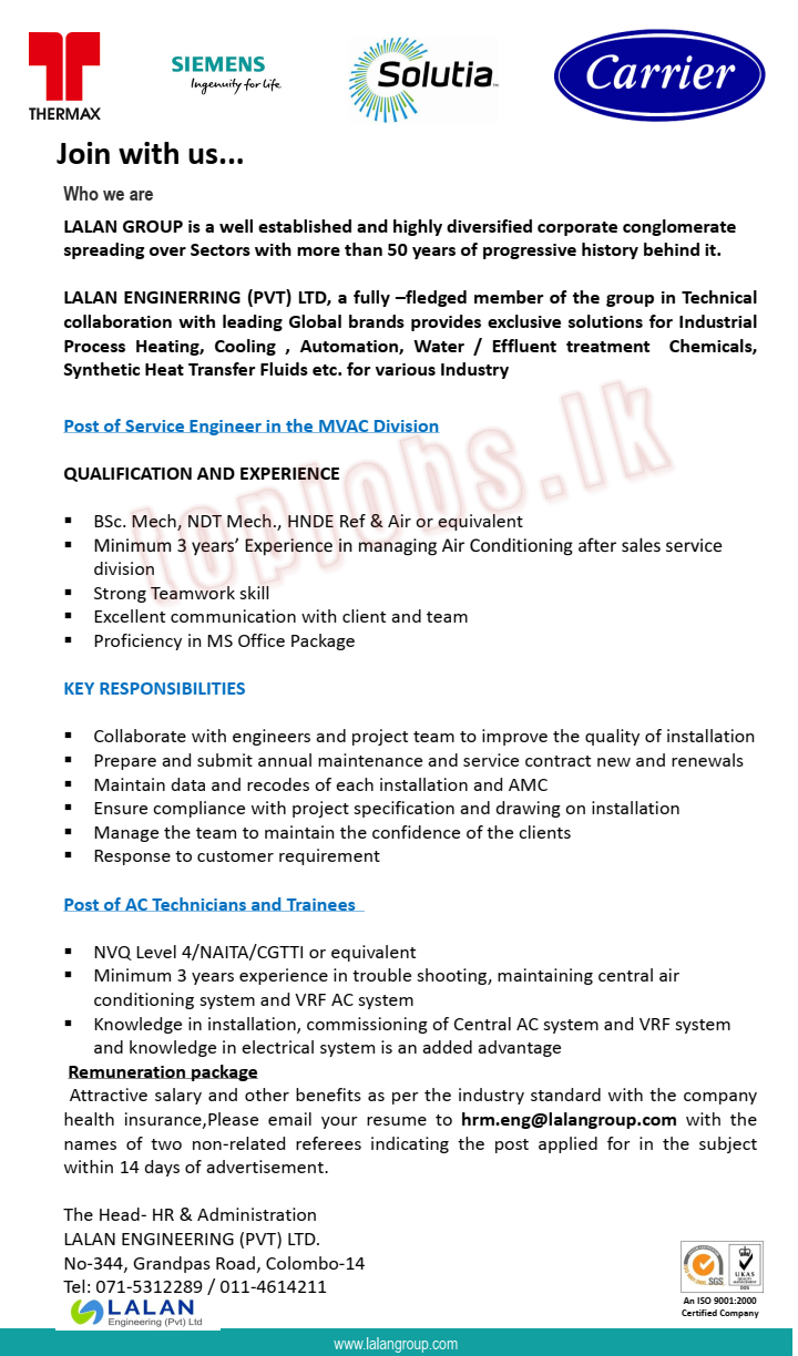 MVAC Service Engineer - Mechanical Division