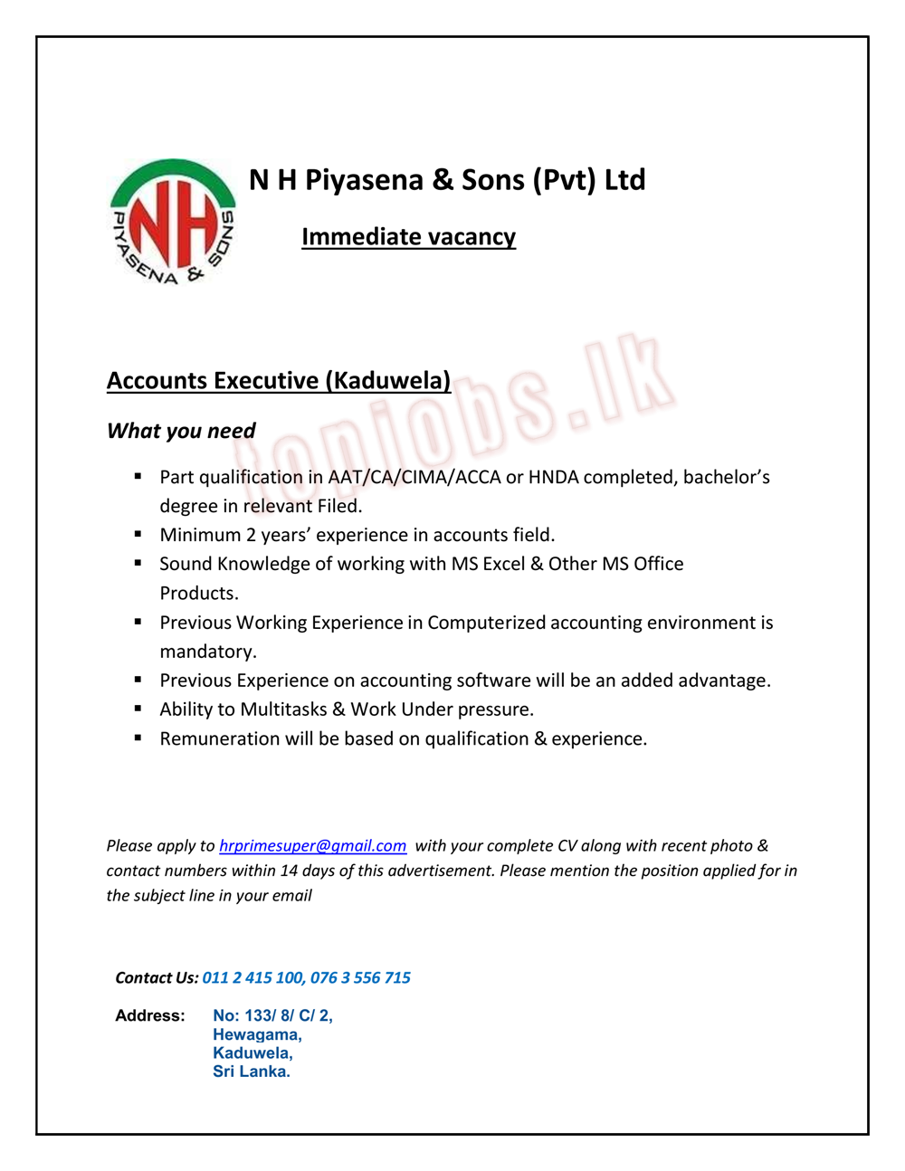 Accounts Executive (Kaduwela)