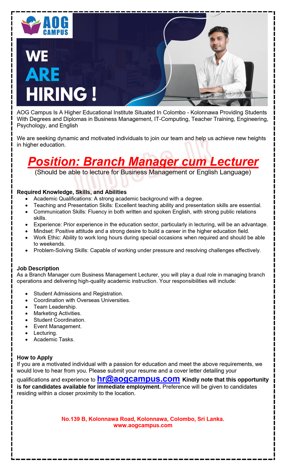 Branch Manager cum Lecturer