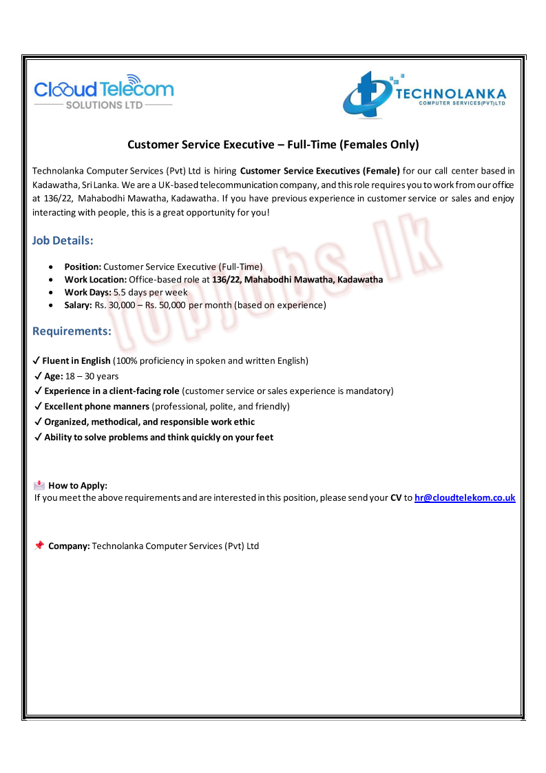 Customer Service Executive - Full Time (Females Only)