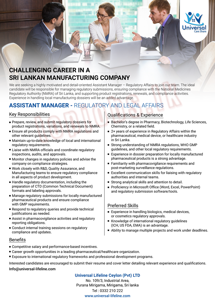 Assistant Manager - Regulatory and Legal Affairs