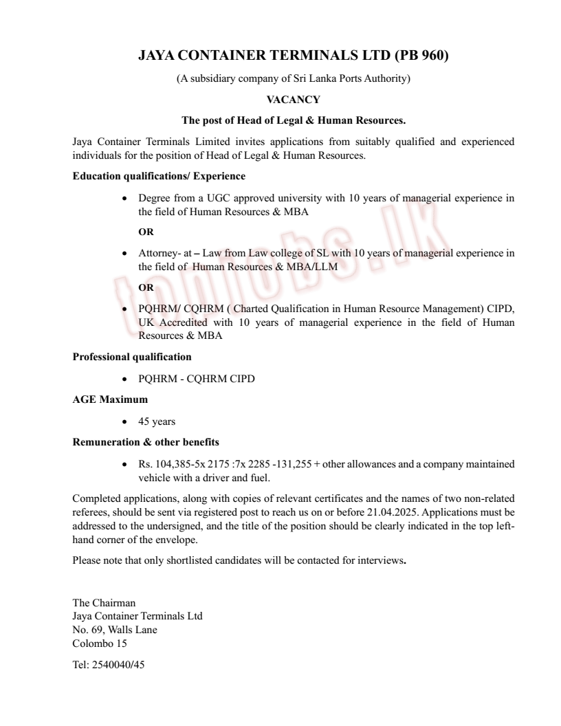 Head of Legal & Human Resources.