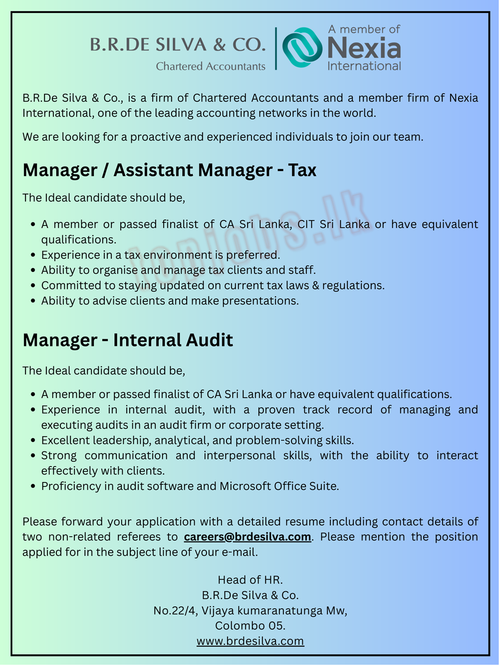 Manager | Assistant Manager - Tax | Manager - Internal Audit