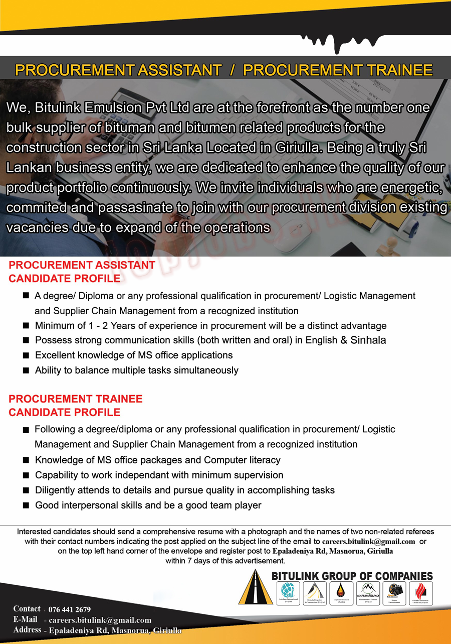  Procurement Assistant  / Procurement TraineeBitulink Group of Companies