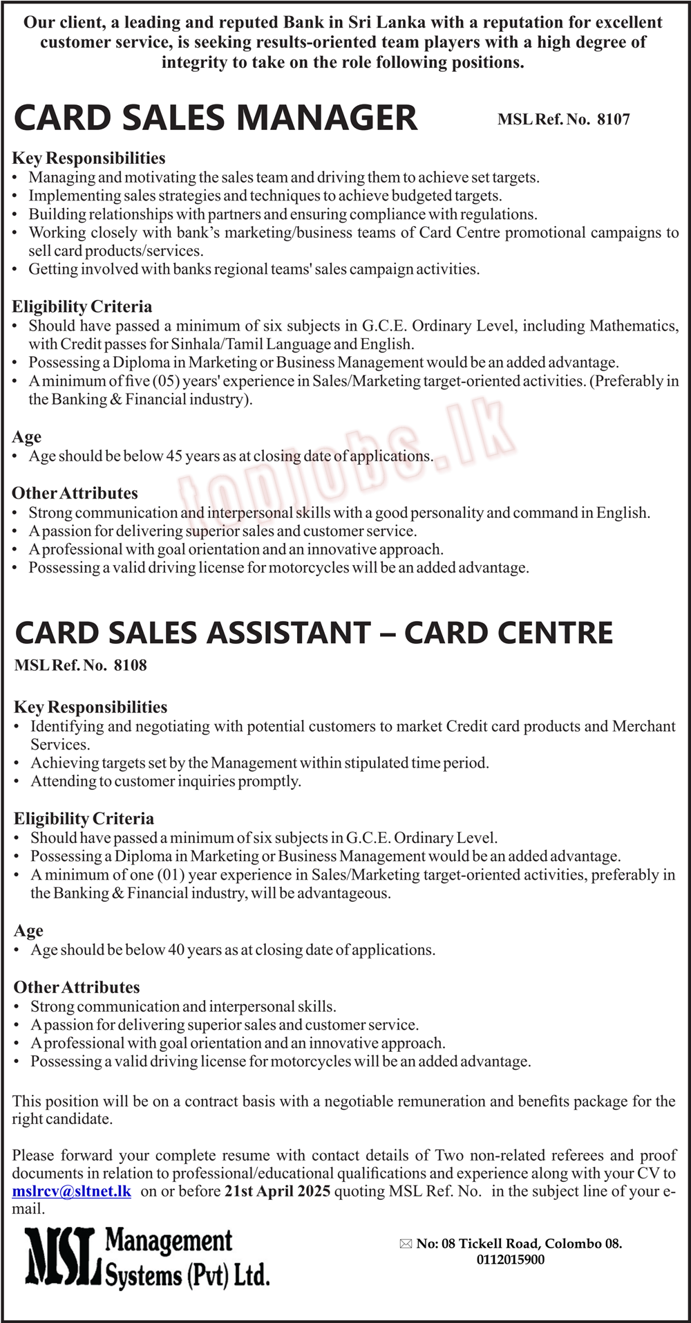 Card Sales Manager | Card Sales Assistant - Card Centre
