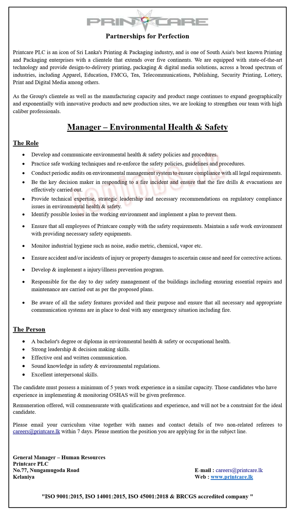 Manager - Environmental Health & Safety