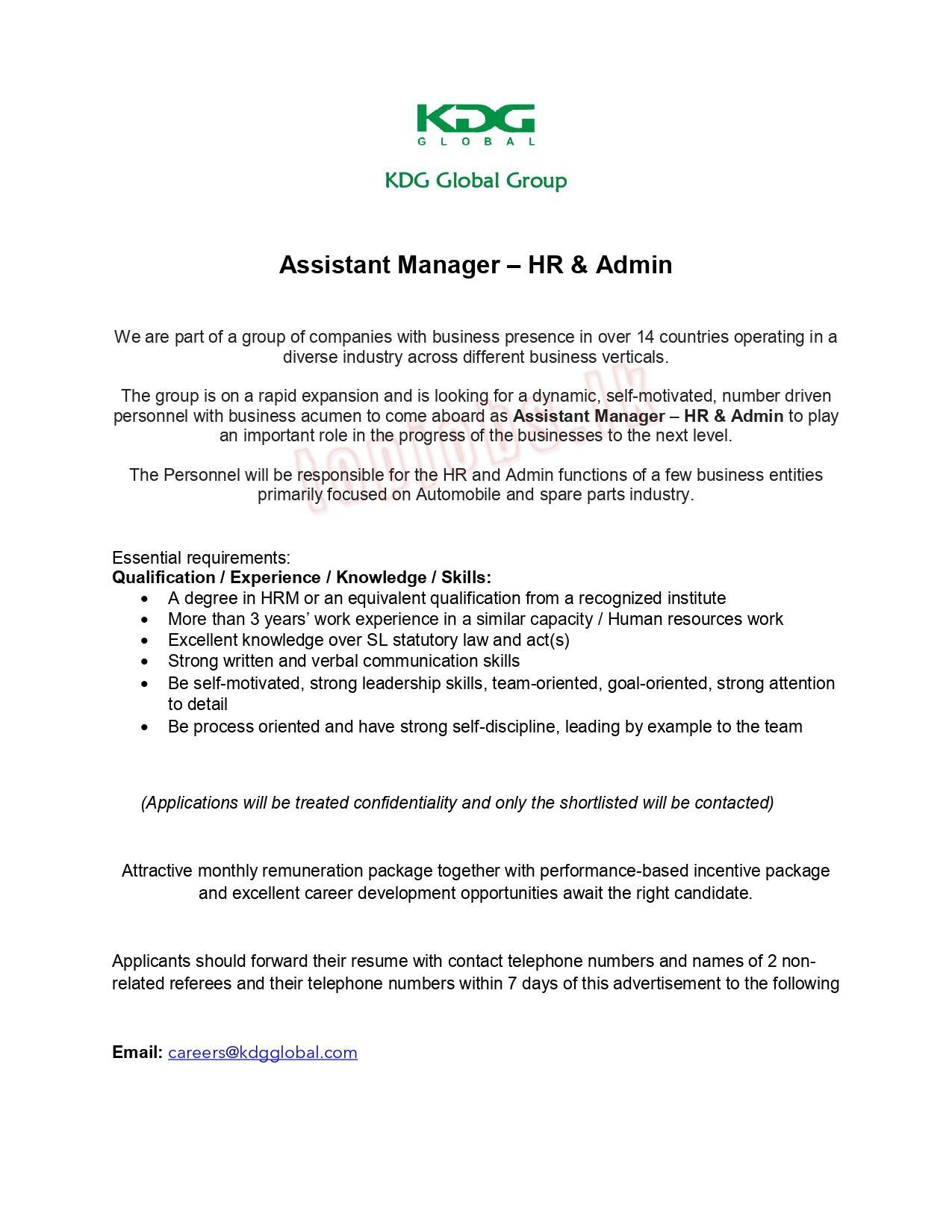 Assistant Manager – HR & Admin