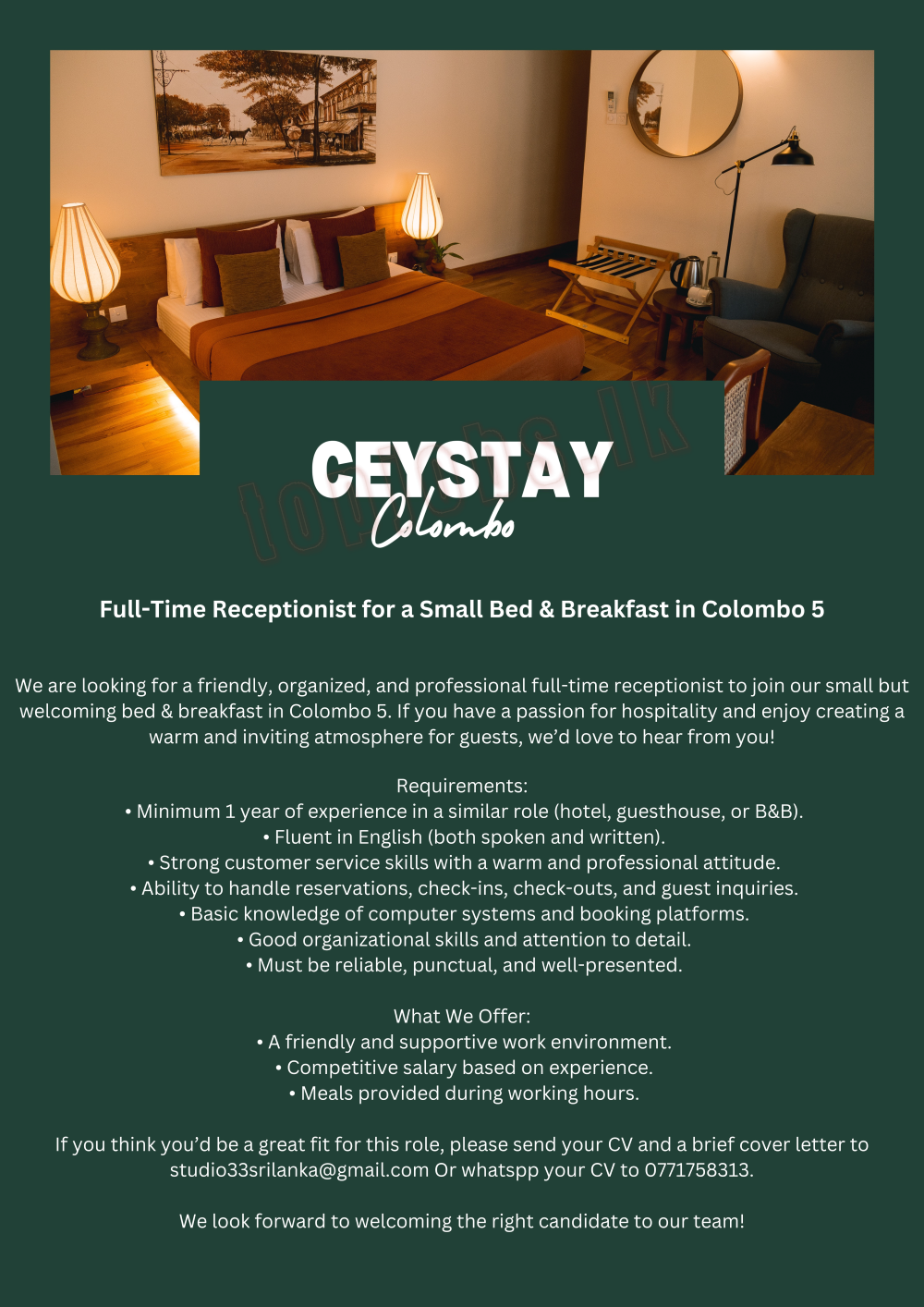 Receptionist (Full - Time) Ceystay Colombo 