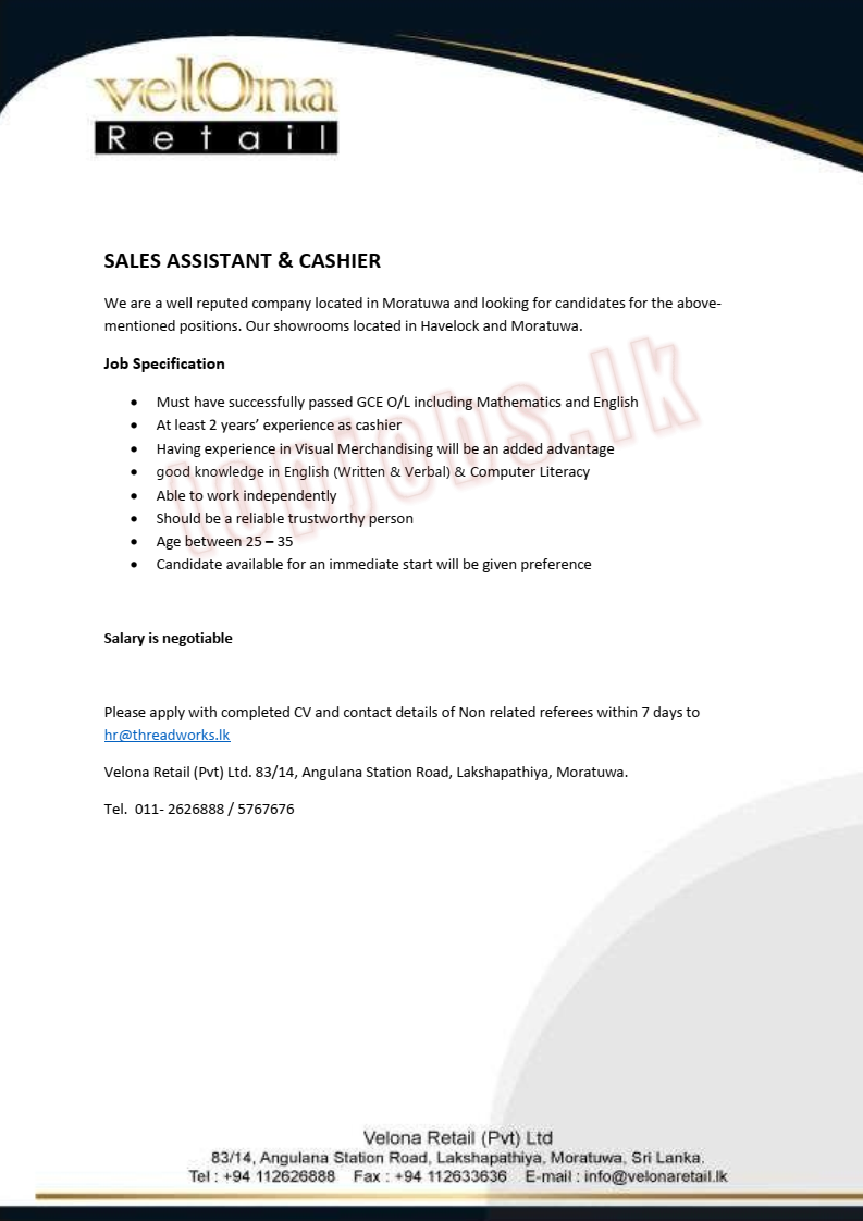 Sales Assistant & Cashier